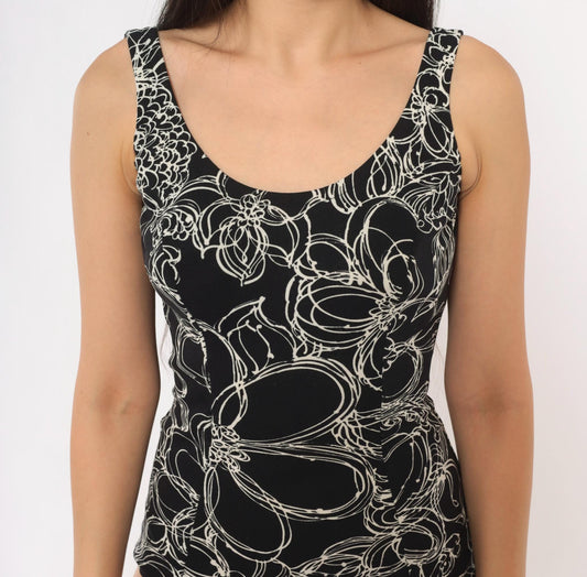 70s Black White Floral Abstract One Piece Swimsuit Low Back Small