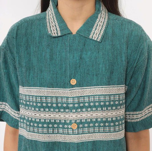 90s Teal Woven Shirt Jacquard Folk Pattern Cotton Collared Camp Large