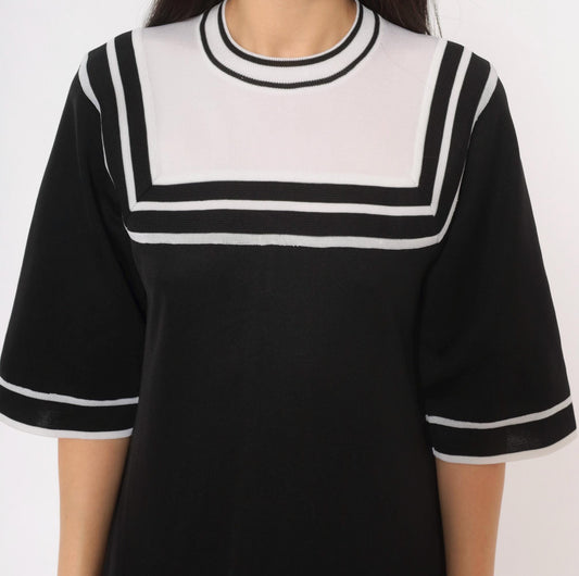 70s Roncelli Sailor Collar Knit Shift Dress Black White Mini Small
