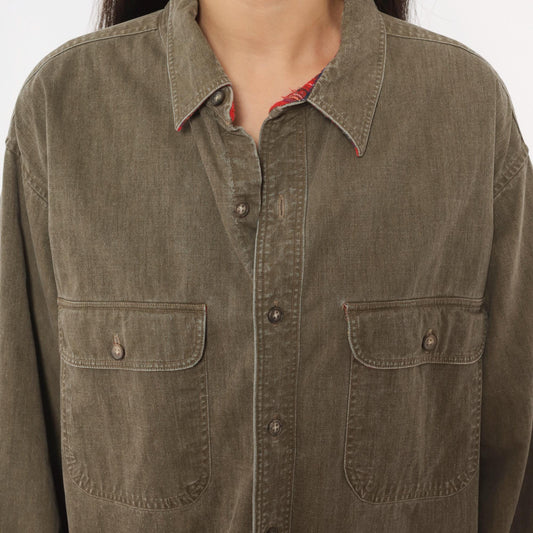 90s L.L.Bean Flannel Lined Work Shirt Olive Denim Cotton Button Front Extra Large XL