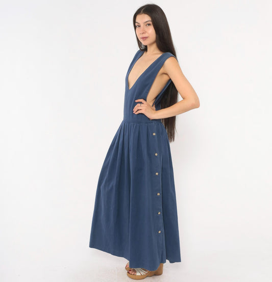 80s Fenwick Navy Cotton Jumper Dress Deep V Maxi Pleated Medium M