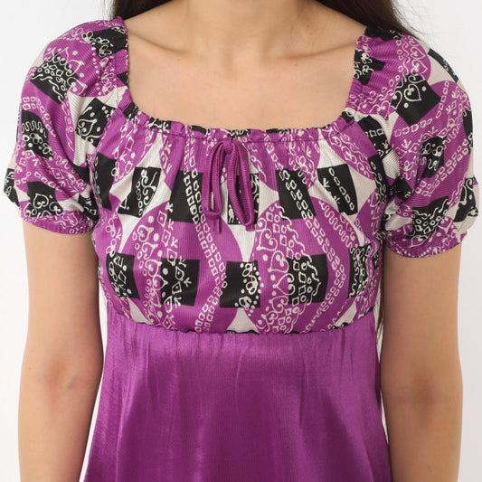 70s Purple Babydoll Mini Dress Puff Sleeve Empire Waist Geometric Print Extra Small