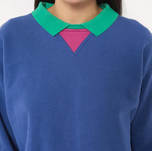 90s Lizwear Collared Cotton Sweatshirt Color Block Periwinkle Teal Magenta Small