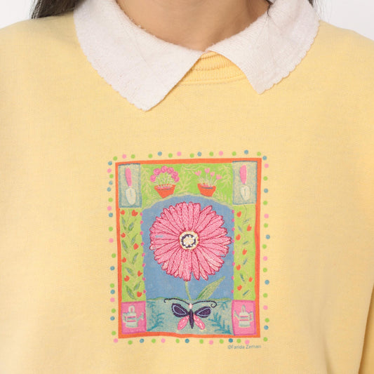 90s Top Stitch Yellow Collared Sweatshirt Floral Embroidered Garden Print Medium M