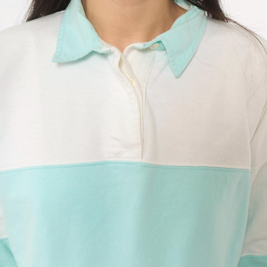 90s Energie Rugby Polo White Mint Stripe Cotton Collared Medium M