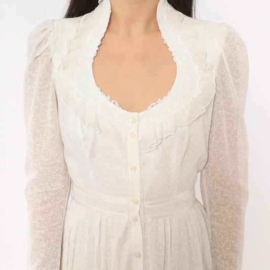 70s Gunne Sax Prairie Dress White Floral Lace Ruffle Scoop Neckline Extra Small