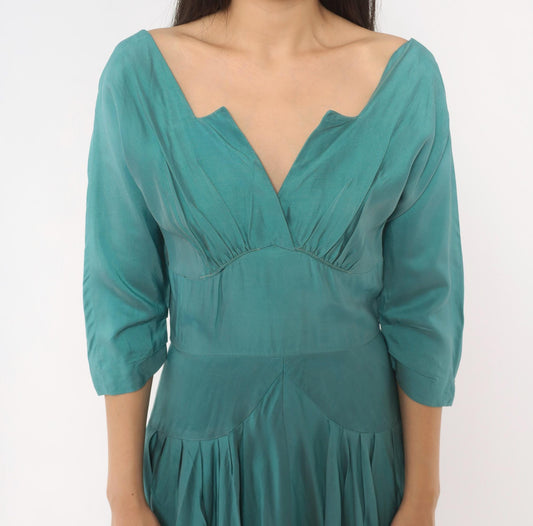 1940s Teal Dress V-Neck Three Quarter Sleeve Drop Waist Midi Small S
