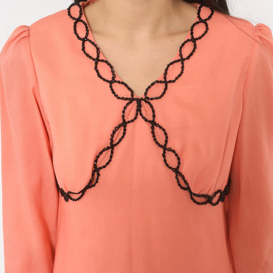 70s Peach Mini Dress Puff Sleeve V Neck Empire Waist Black Beaded Chain Small