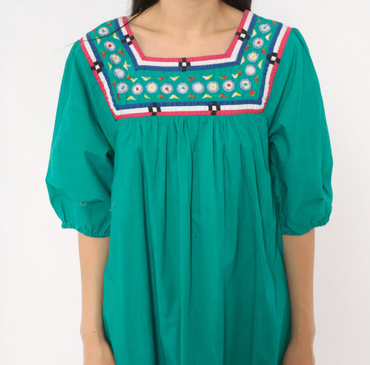 80s Naqui Teal Cotton Dress Embroidered Floral Yoke Puff Sleeve Small S