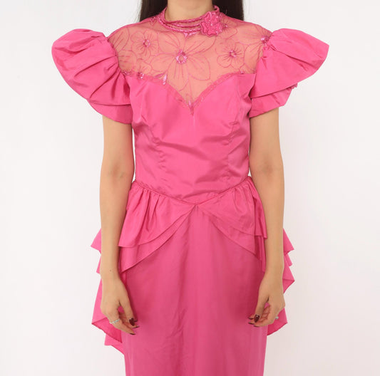 80s Eve Of Milady Hot Pink Maxi Gown Puff Sleeve Peplum Lace Bodice Small
