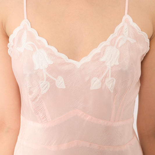 1950s Blush Pink Slip Dress Nylon Floral Embroidered Sweetheart Neckline Extra Small XS