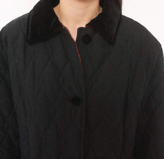 90s Halston Sport Black Quilted Jacket Diamond Stitch Velvet Collar Medium M