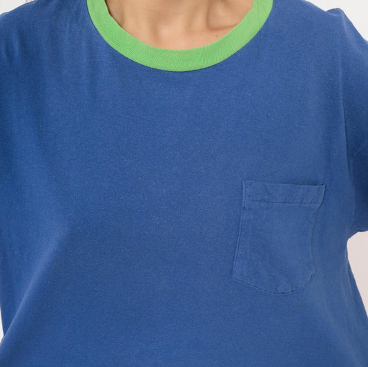90s Blue Ringer Crop Tee Green Ribbed Collar Pocket Cotton Medium M