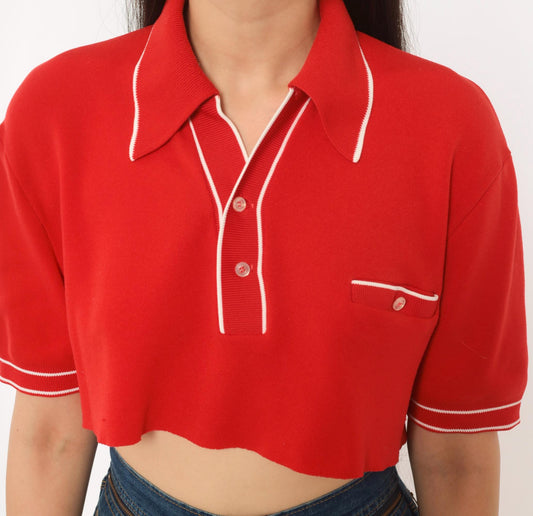 70s Red Cropped Polo White Piping Knit Top Button Front Medium M