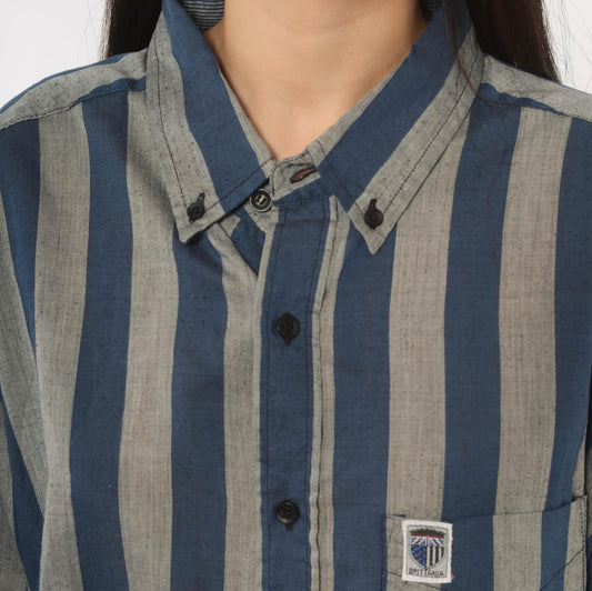 80s Brittania Striped Button Down Navy Grey Vertical Stripe Shirt Plus Size XXL