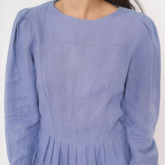 80s Lilac Linen Dress Puff Sleeve Button-Back Pleated Waist Small