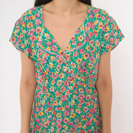 90s Hang Ten Floral Maxi Dress Green Pink Yellow V-Neck Wrap Bodice Large L