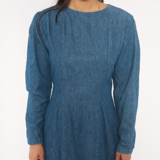 90s Coloursport Denim Dress Open Back Bow Tiered Ruffle Puff Sleeve Large L
