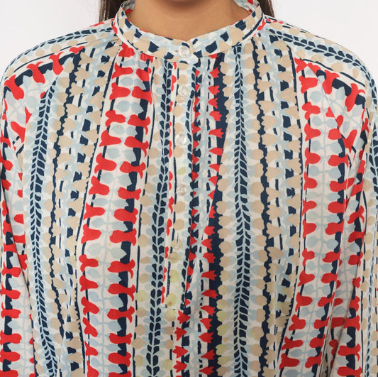 70s Cricket Lane Mandarin Collar Blouse Red Navy Leaf Print Medium