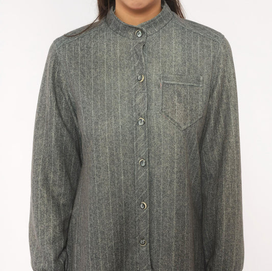 60s Tina's Pinstripe Shirt Dress Grey Mandarin Collar Medium M