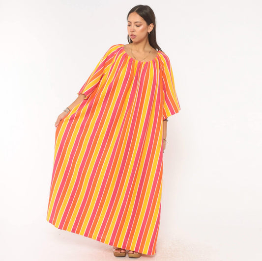 70s Striped Caftan Orange Pink Yellow Cotton Maxi Dress Flutter Sleeve Plus Size 3X