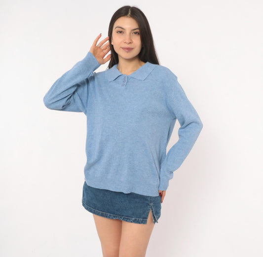 90s Blair Powder Blue Polo Sweater Knit Collar Button Pullover Medium