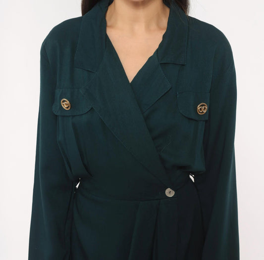 90s Deborah Teal Wrap Dress Gold Button Notched Collar Knee Length Small