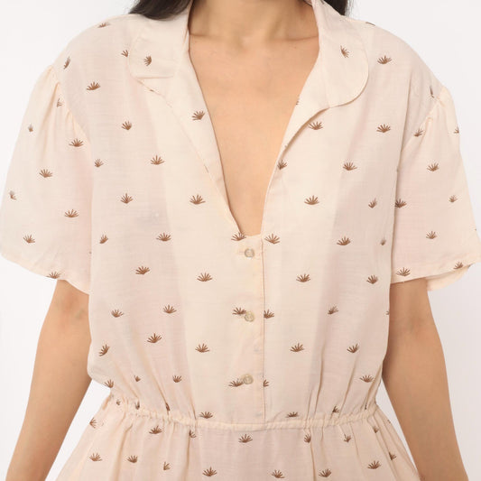80s Jenny Wren Tropical Border Midi Dress Cotton Button Front Cream Extra Large