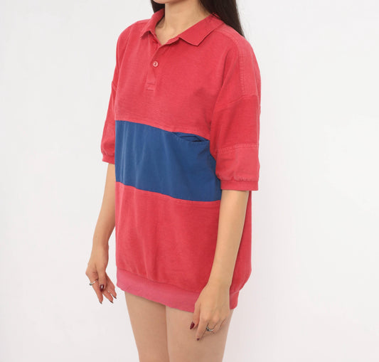 90s Woolrich Polo Shirt Red Blue Color Block Cotton Rugby Medium