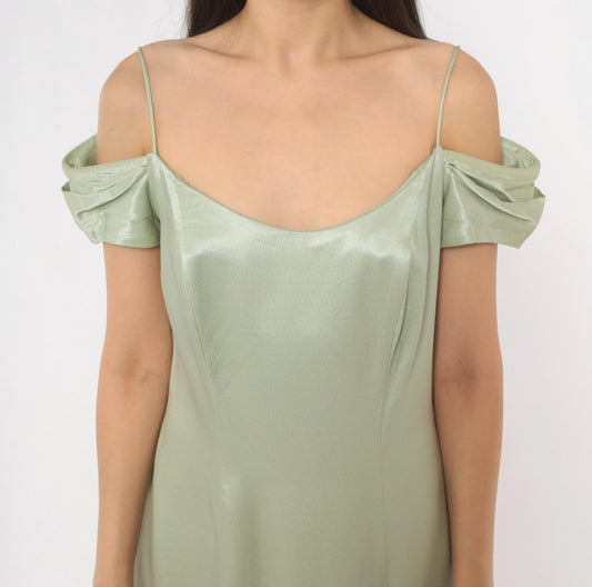 90s Bill Levkoff Sage Green Cold Shoulder Maxi Gown Medium M