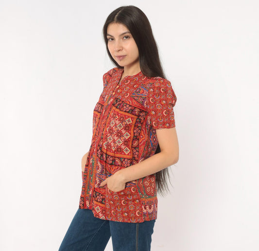 70s Paisley Patchwork Blouse Red Orange Mandarin Collar Cotton Tunic XS