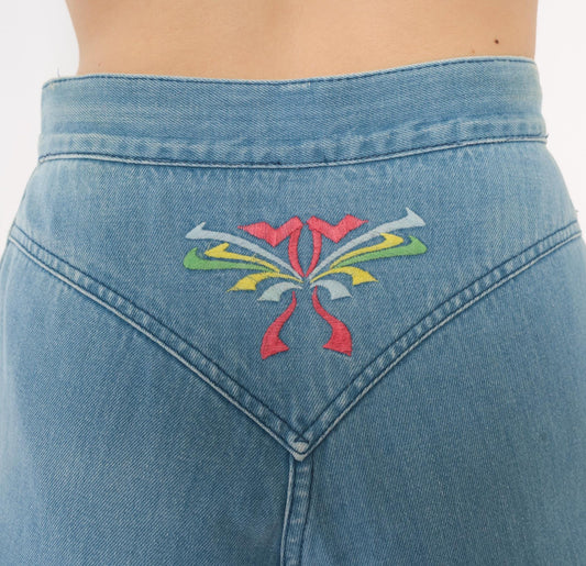 70s Glad Rags High Waist Straight Leg Jeans Light Blue Floral Embroidered Small