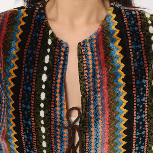 70s Chenille Tapestry Vest Multicolor Zigzag Stripe Lace-Up Tunic Large L
