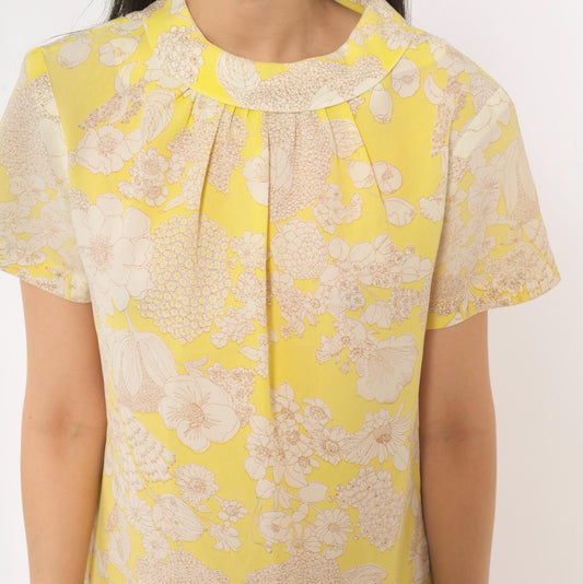 60s Yellow Floral Shift Dress Peter Pan Collar A-Line Knee Length Large L