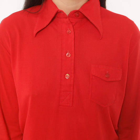 70s K Mart Red Polo Shirt Pointed Collar Long Sleeve Chest Pocket Medium