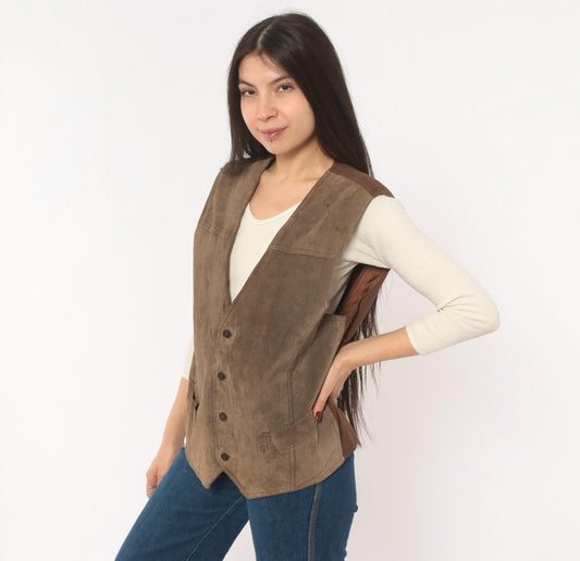 90s Bugle Boy Brown Suede Vest V-Neck Button Front Waistcoat Medium M