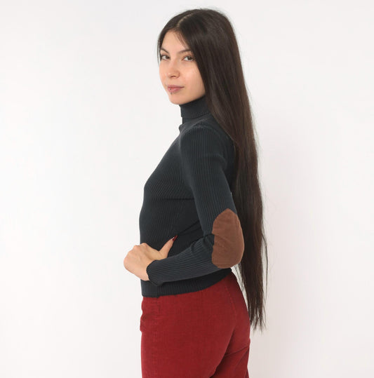 90s Toska Black Turtleneck Sweater Suede Elbow Patch Ribbed Knit Extra Small XS
