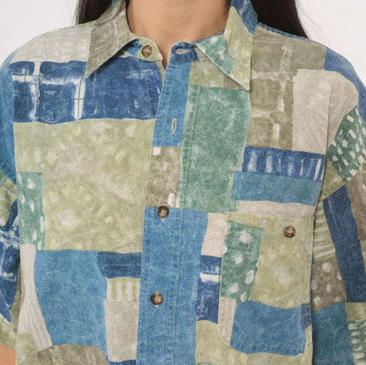 90s Marc Daniels Patchwork Print Button Shirt Cotton Geometric Blue Sage Medium