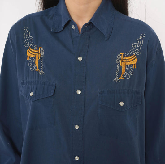 90s Blair Western Shirt Navy Pearl Snap Embroidered Saddle Mens Medium
