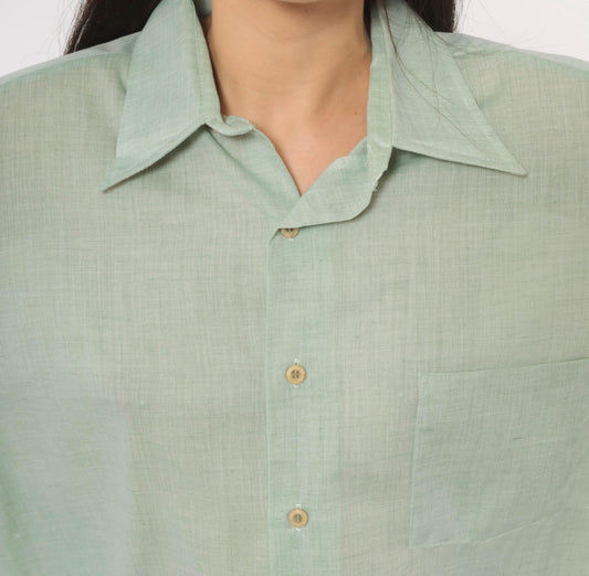 70s Sage Green Button-Up Shirt Camp Collar Semi-Sheer Cotton Long Sleeve XXL