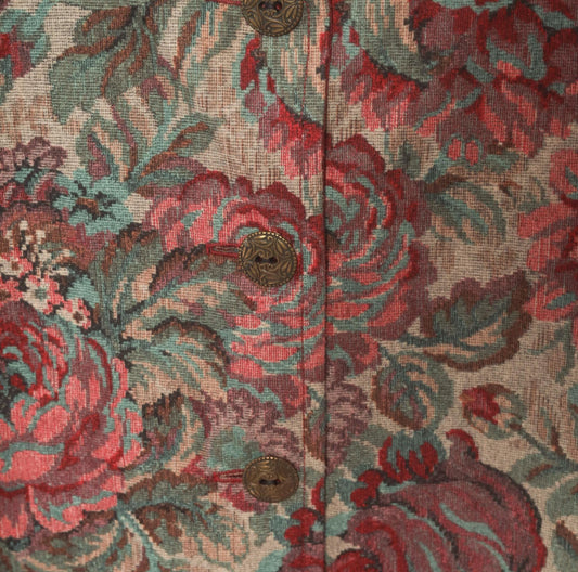 90s Floral Tapestry Vest Burgundy Teal Rose Jacquard Button Front Large L