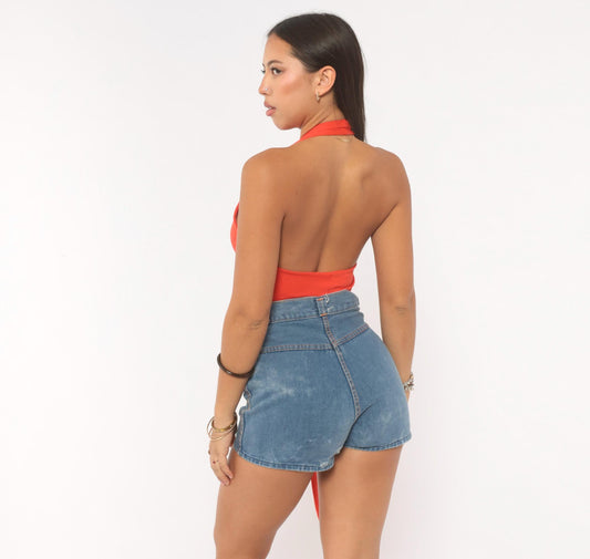 70s Crazy Horse Red Wrap Halter Crop Top Backless Surplice V-Neck Small