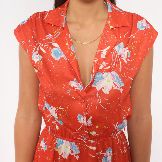 70s Jimmy Floral Button Front Dress Red Coral Watercolor Cap Sleeve Small