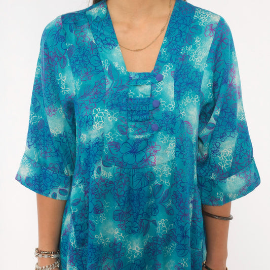 70s Psychedelic Floral Maxi Dress Blue Purple Teal Cotton Square Neck Medium