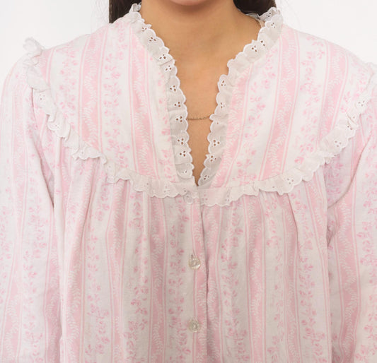 80s Larz of Salzbury Pink Floral Striped Cotton Nightgown Small