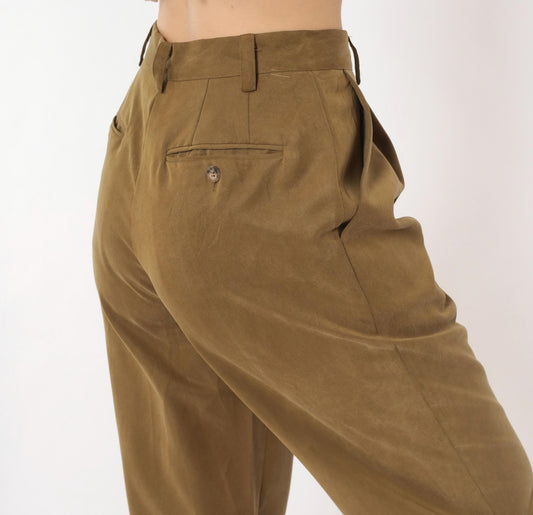 90s Pleated High-Waist Trousers Olive Tapered Leg Front Pleat Extra Small XS