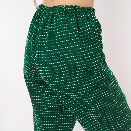 70s Green White Dotted Stripe Pull-On Trousers High Rise Wide Leg Small Medium