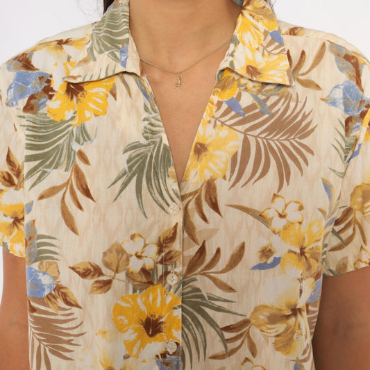 2000s Erika Hawaiian Camp Collar Shirt Cream Floral Yellow Palm Large L