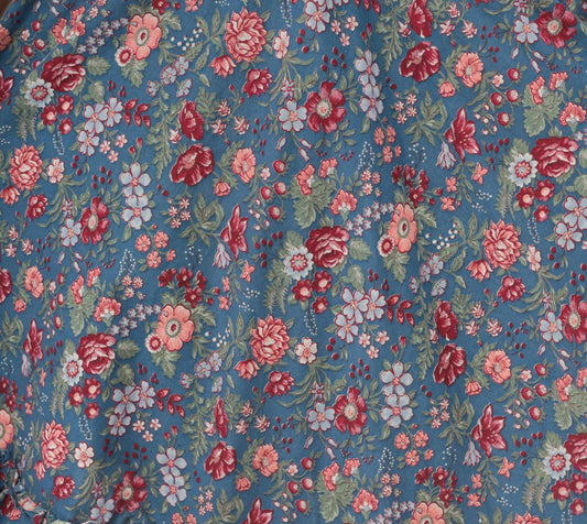 80s Dusty Blue Floral Circle Skirt Cotton Ruffled Lace Trim Small S