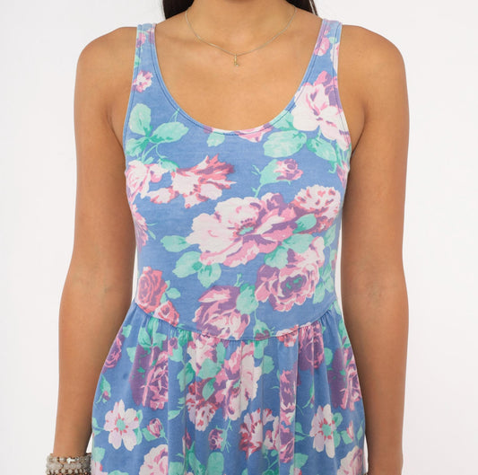 80s Periwinkle Floral Sundress Rose Print Gathered Skirt Knee Length XS